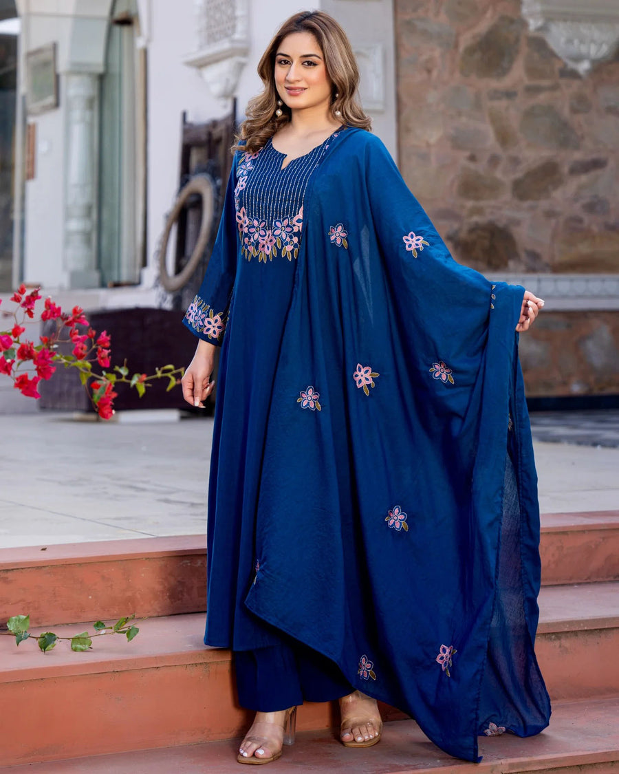 Aravali Printed Anarkali Dress Kurti Pant Set 3 PCS - Blue - 3XL - VELZARA