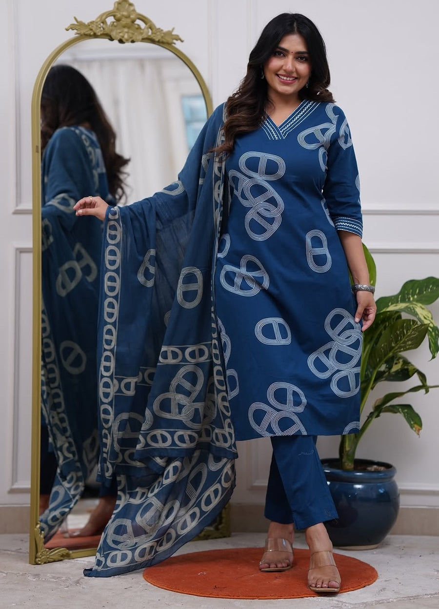 Anjuma Printed Viscose Dress Kurti Pant Set 3 PCS - Blue - 3XL - VELZARA