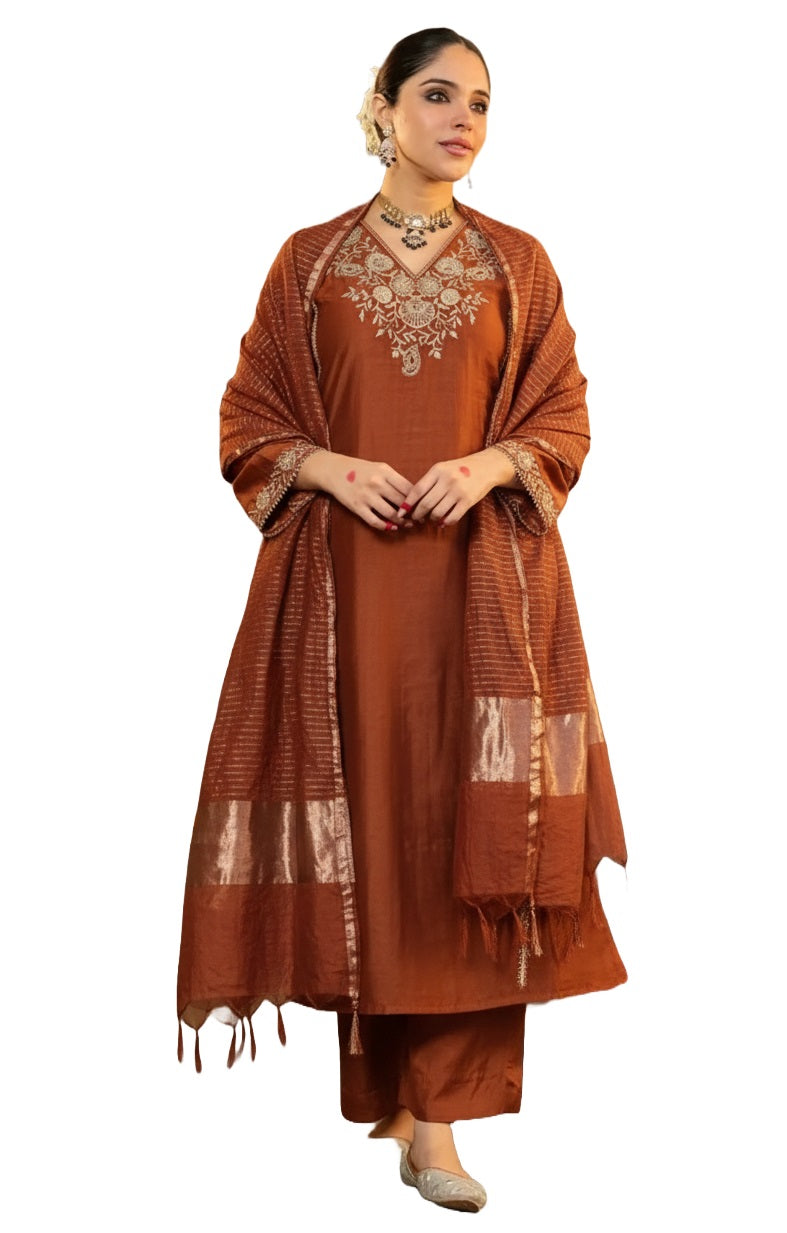 Jalpa Embroidered Straight Kurta Set with Woven Dupatta - Rust - 3XL - VELZARA