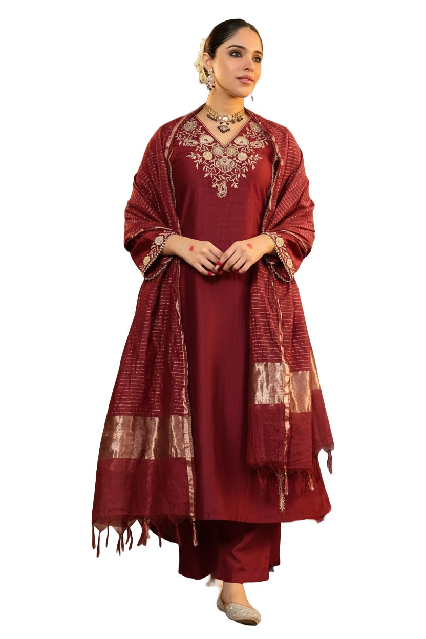 Jalpa Embroidered Straight Kurta Set with Woven Dupatta - Maroon - 3XL - VELZARA