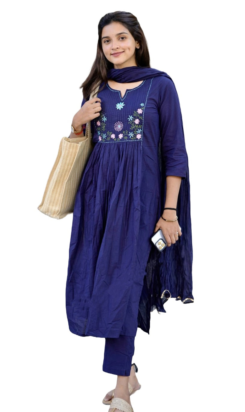 Utsav Printed Dress Kurti Pant Dupatta Set - Blue - 3XL - VELZARA