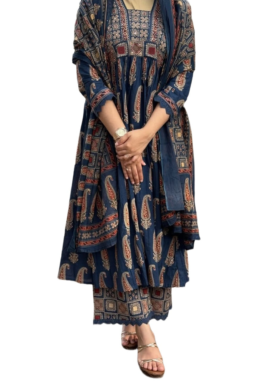 Arika Printed Anarkali Dress Kurti Pant Set 3 PCS - Blue - 3XL - VELZARA