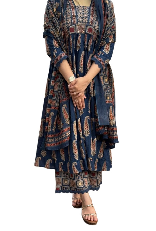 Arika Printed Anarkali Dress Kurti Pant Set 3 PCS - Blue - 3XL - VELZARA