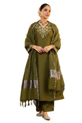 Jalpa Embroidered Straight Kurta Set with Woven Dupatta - Mahendi - 3XL - VELZARA