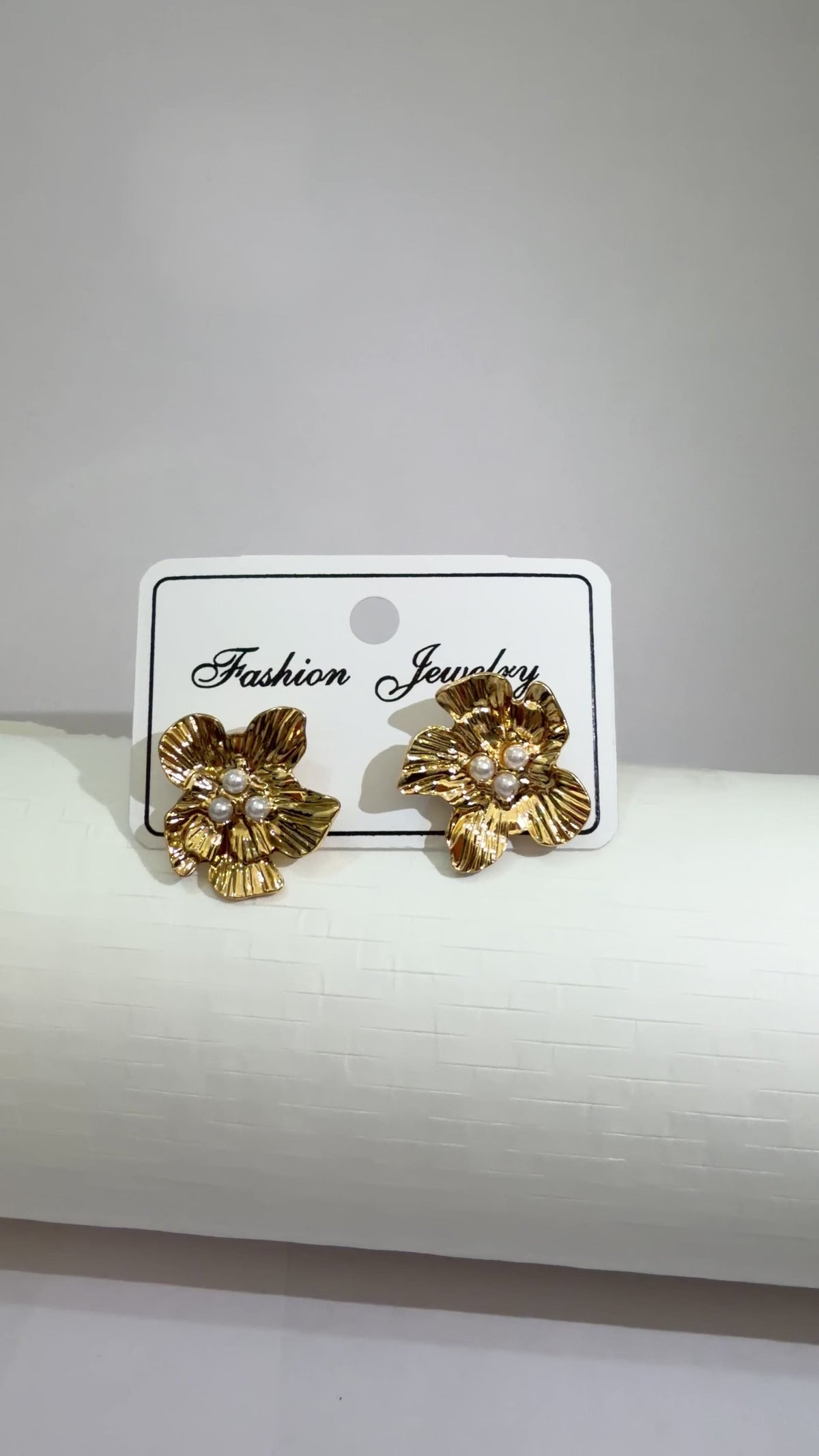 Gold Textured Flower & Pearl Stud Earrings - view 2