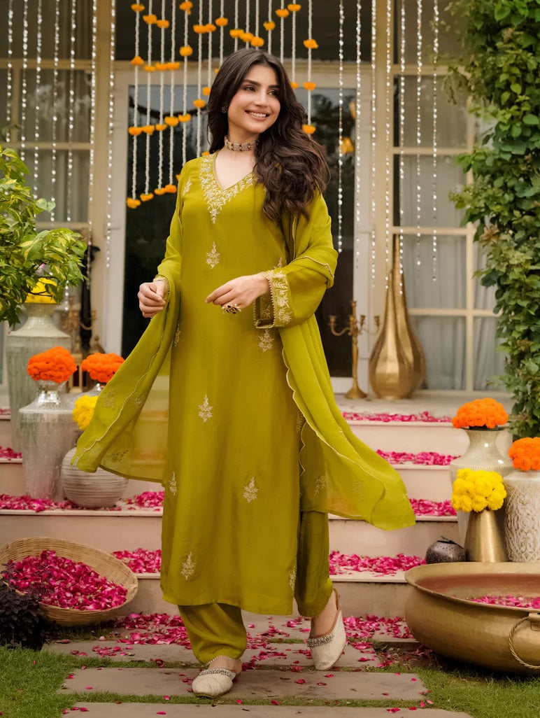 Anika Women's Kurta Pant Set with Dupatta - Green - 3XL - VELZARA