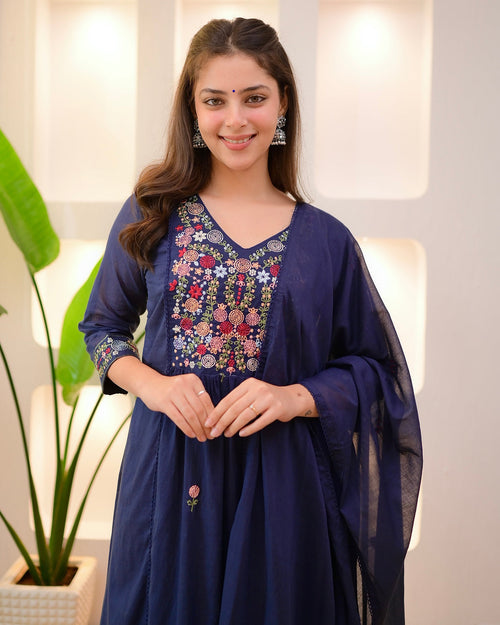Chitrika Women's Embroidered Kurta Pant Set with Dupatta - Blue - 3XL - VELZARA