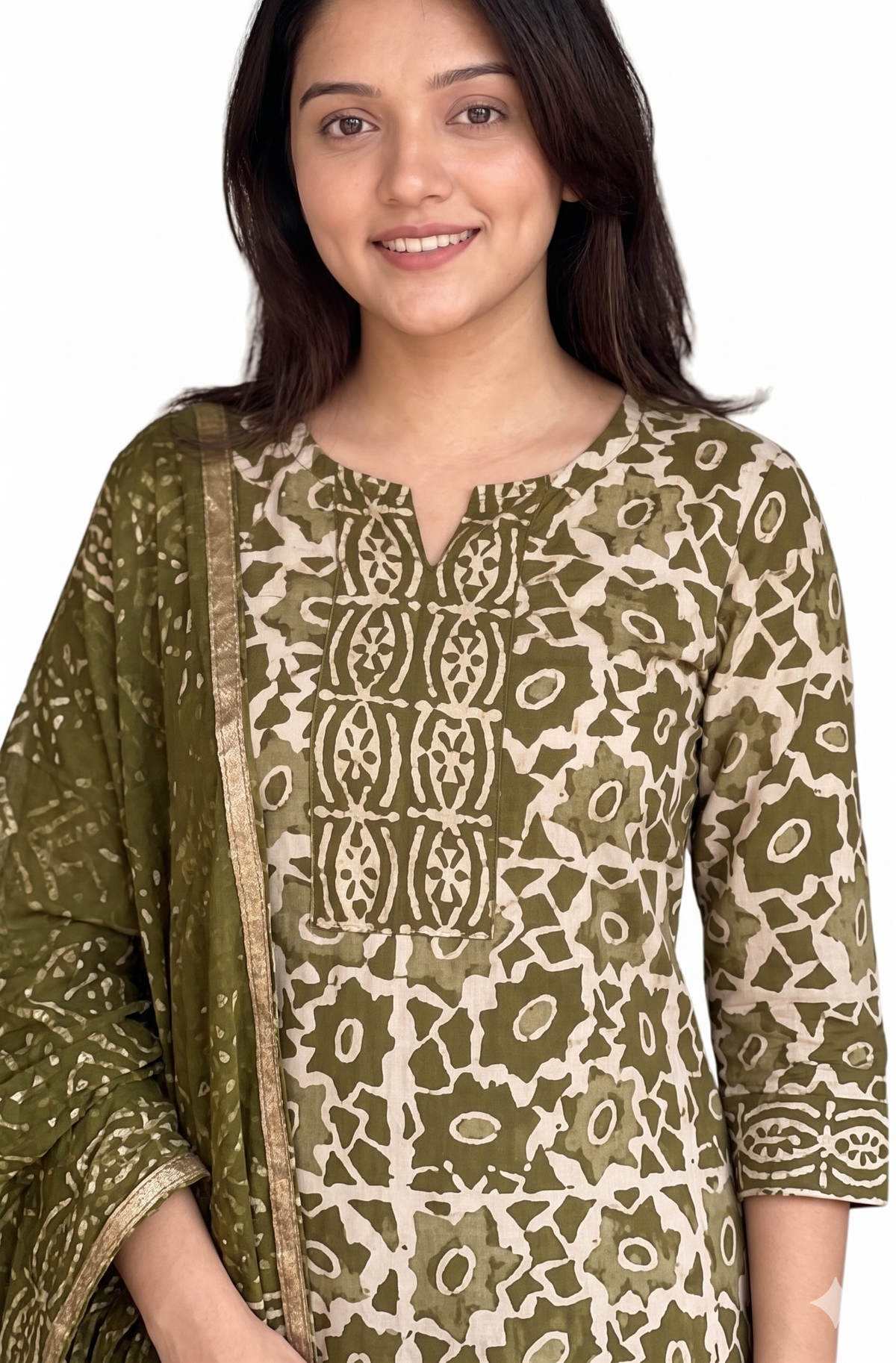 Anushri Viscose Ethnic Block Print Kurta Pant Dupatta Set - Green - 3XL - VELZARA