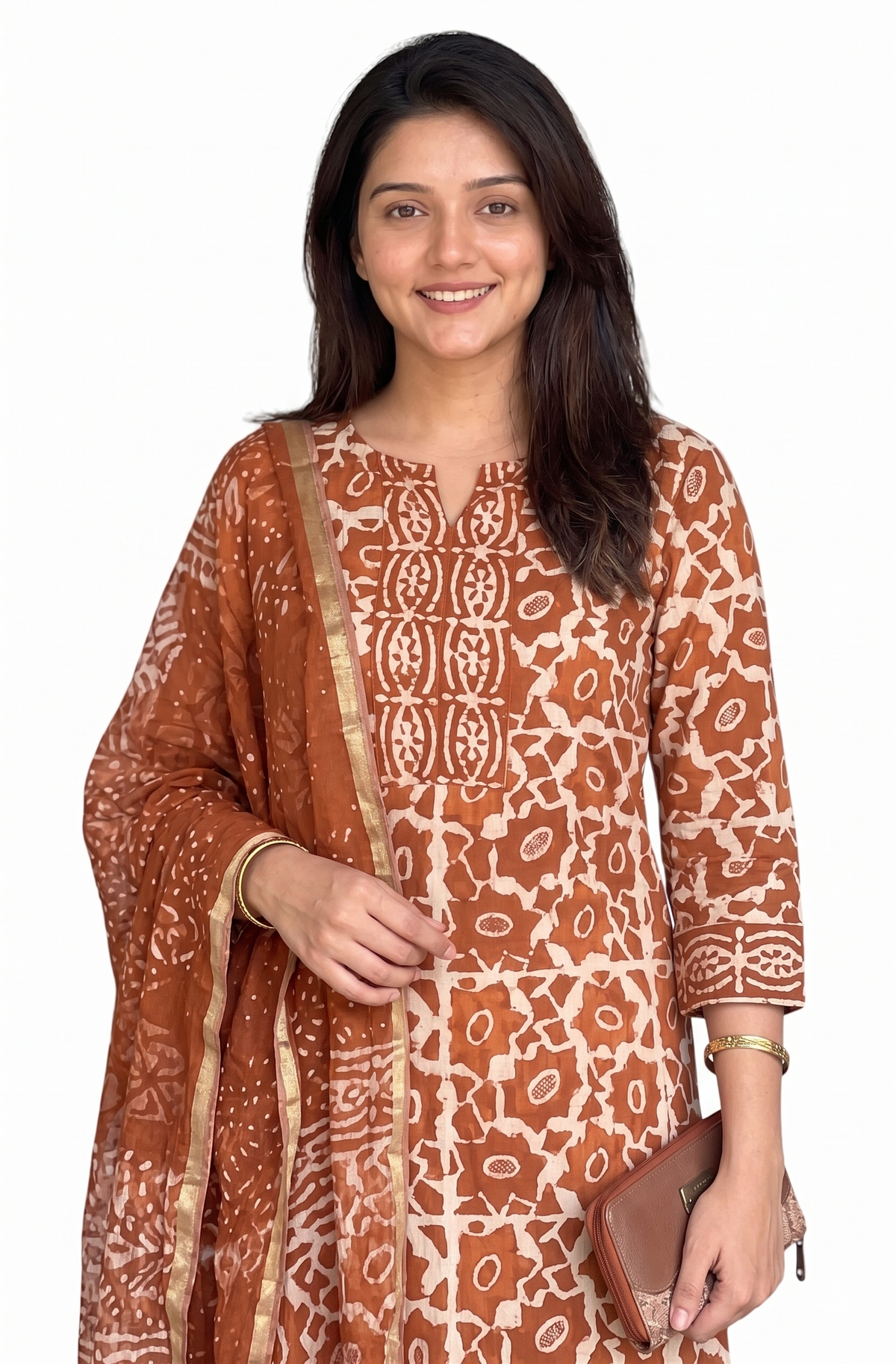 Anushri Viscose Ethnic Block Print Kurta Pant Dupatta Set - Orange - 3XL - VELZARA