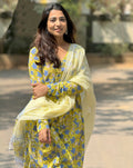 Ajanta Printed Anarkali Dress Kurti Pant Set 3 PCS - Yellow - 3XL - VELZARA
