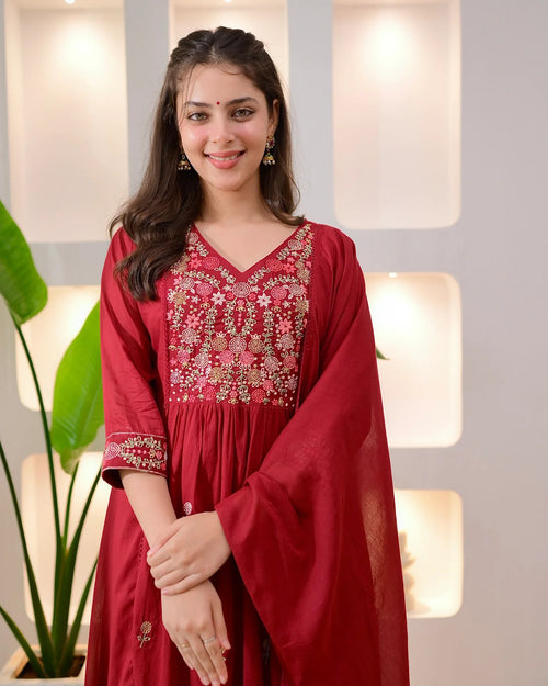 Chitrika Women's Embroidered Kurta Pant Set with Dupatta - Red - 3XL - VELZARA