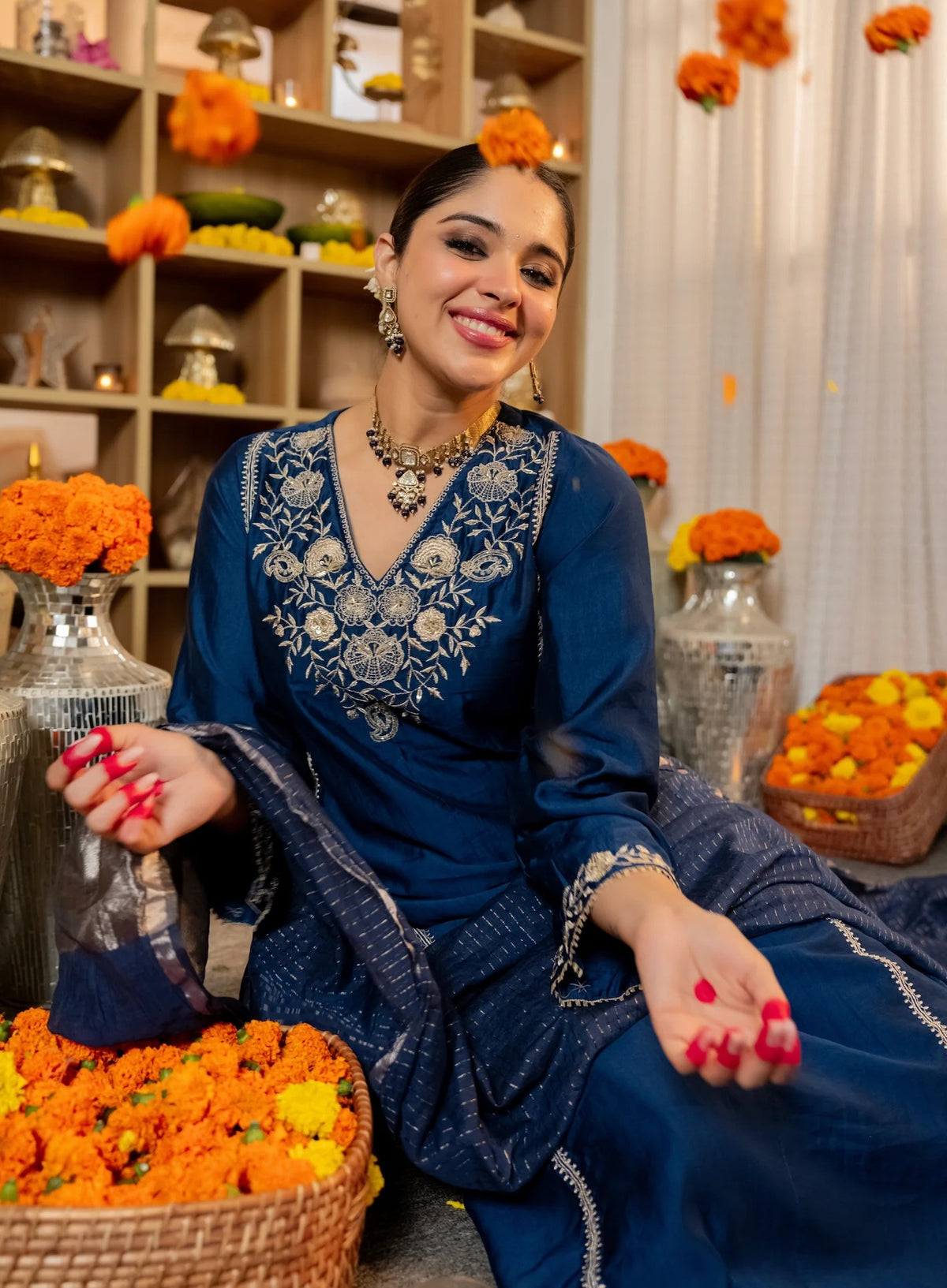 Jalpa Embroidered Straight Kurta Set with Woven Dupatta - Navy Blue - 3XL - VELZARA