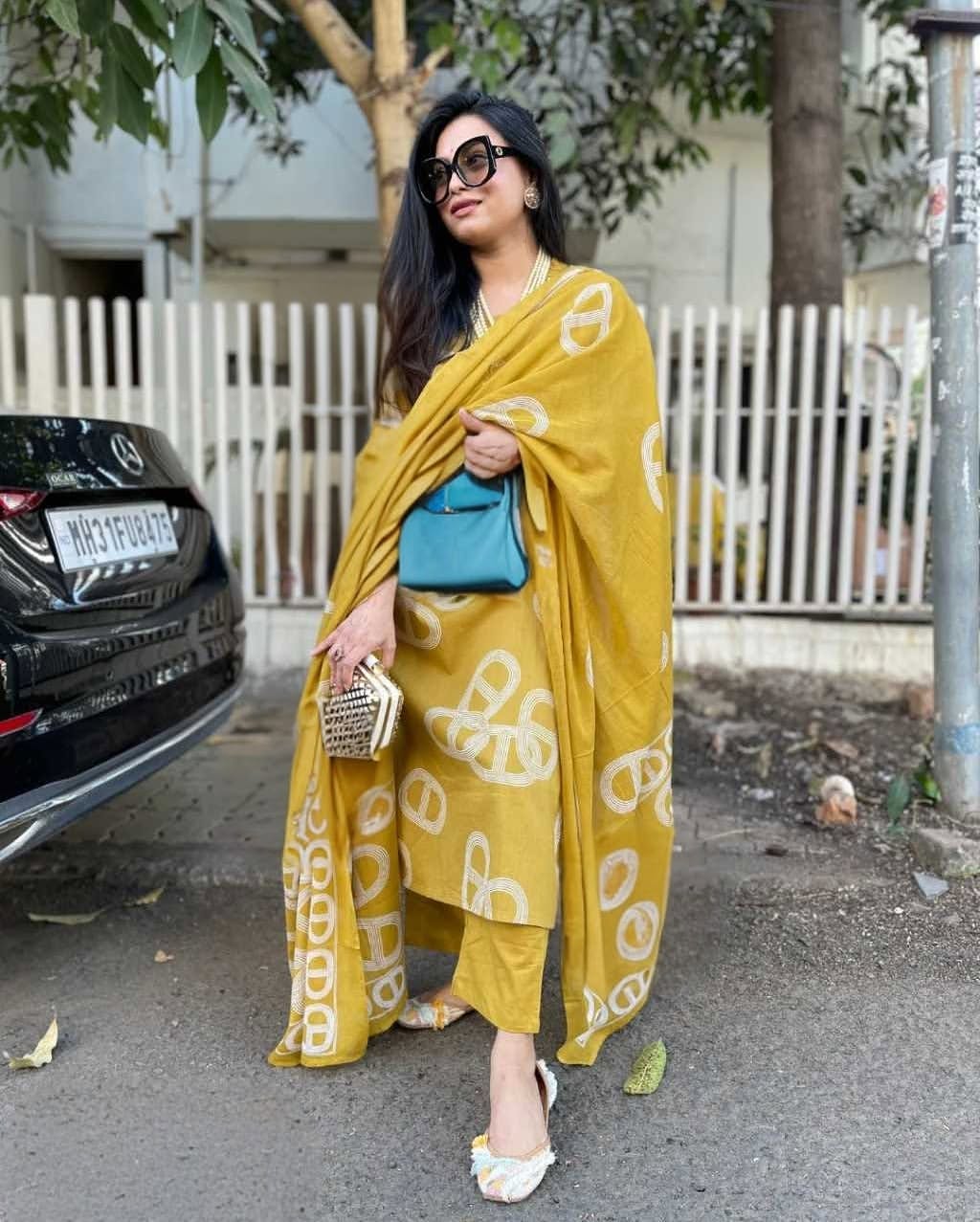 Anjuma Printed Viscose Dress Kurti Pant Set 3 PCS - Yellow - 3XL - VELZARA