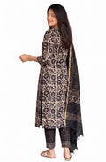 Anushri Viscose Ethnic Block Print Kurta Pant Dupatta Set - Black - 3XL - VELZARA