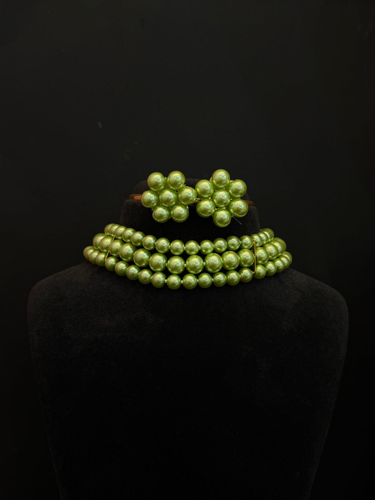 Light Green Pearl 3 Layer Choker with Earrings - view 2