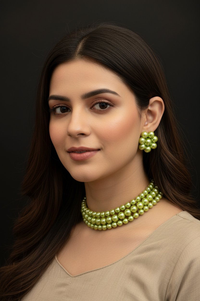 Light Green Pearl 3 Layer Choker with Earrings