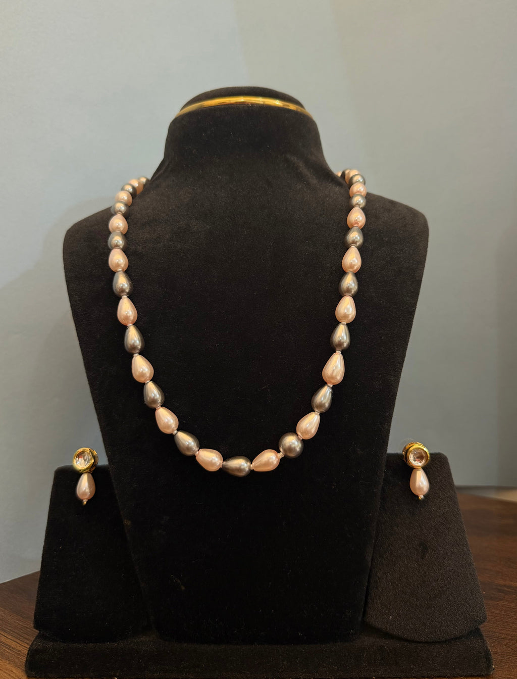 Pink and Grey Drop Pearl Necklace with Earrings - view 2
