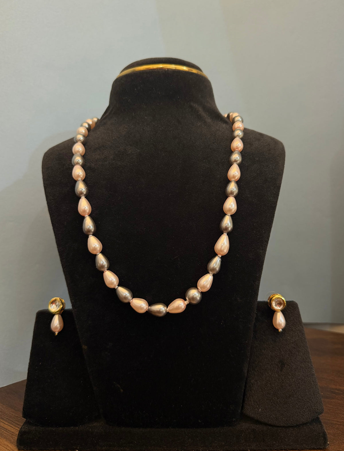 Pink and Grey Drop Pearl Necklace with Earrings - view 2