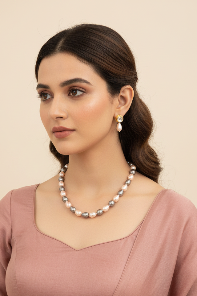Pink and Grey Drop Pearl Necklace with Earrings