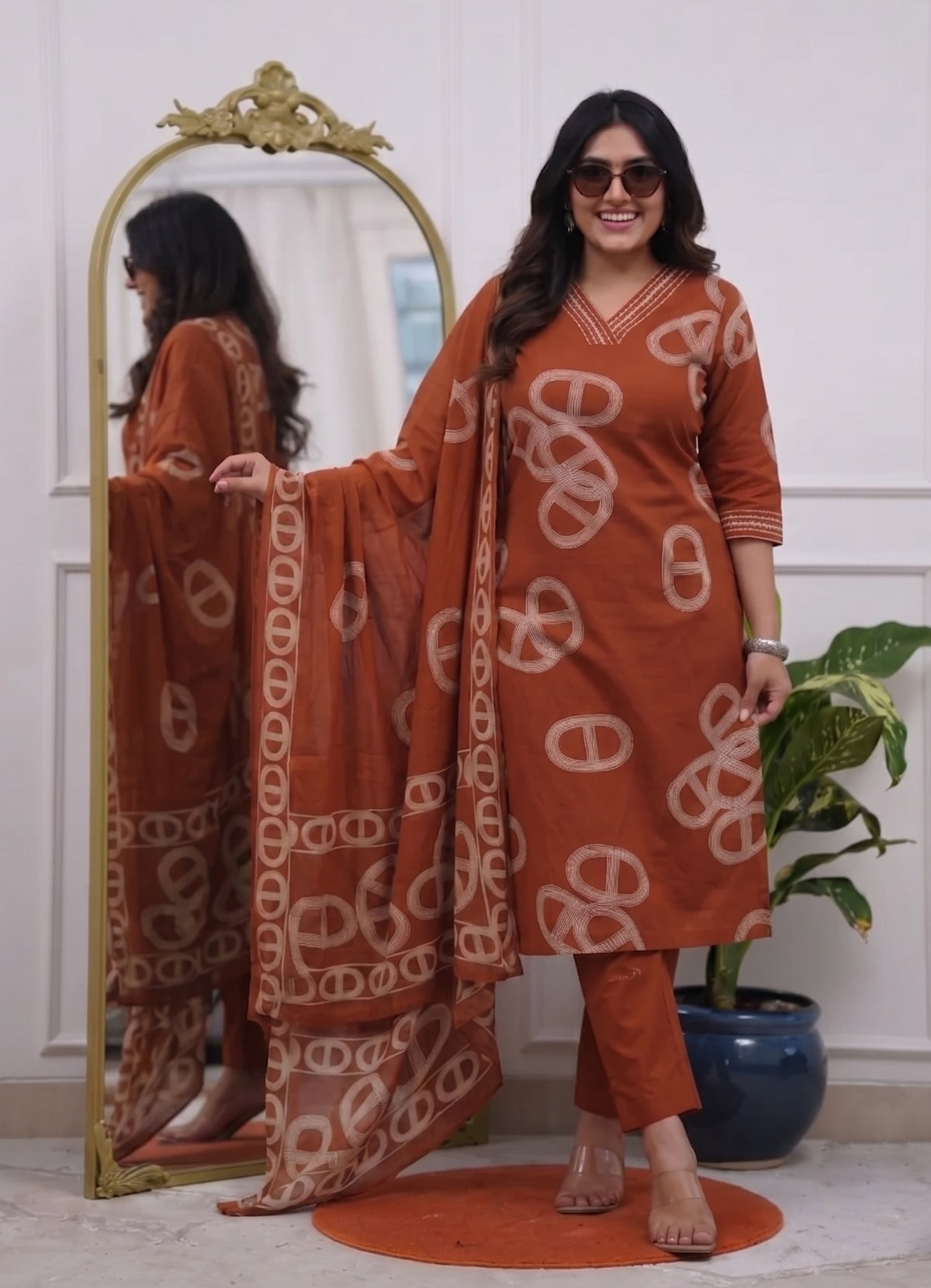 Anjuma Printed Viscose Dress Kurti Pant Set 3 PCS - Orange - 3XL - VELZARA