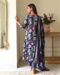 Jasodha Floral Printed Viscose Kurta Pant Dupatta Set - Blue - 3XL - VELZARA
