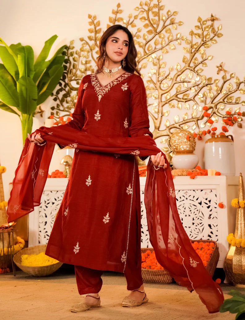 Anika Women's Kurta Pant Set with Dupatta - Red - 3XL - VELZARA