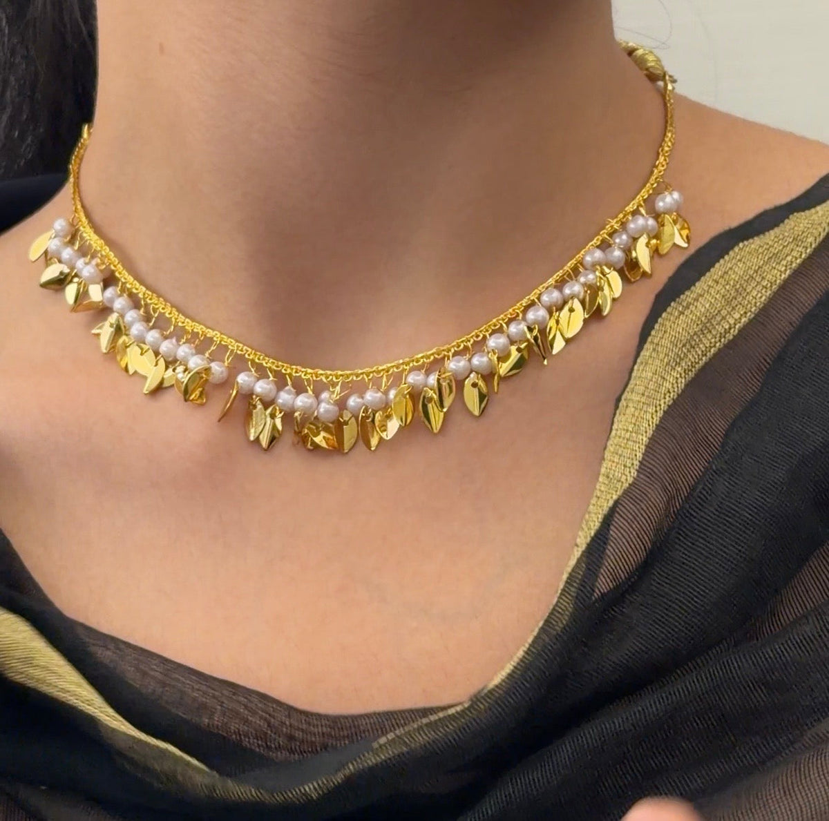 Golden Leaf Pearl Punjabi Necklace - view 2