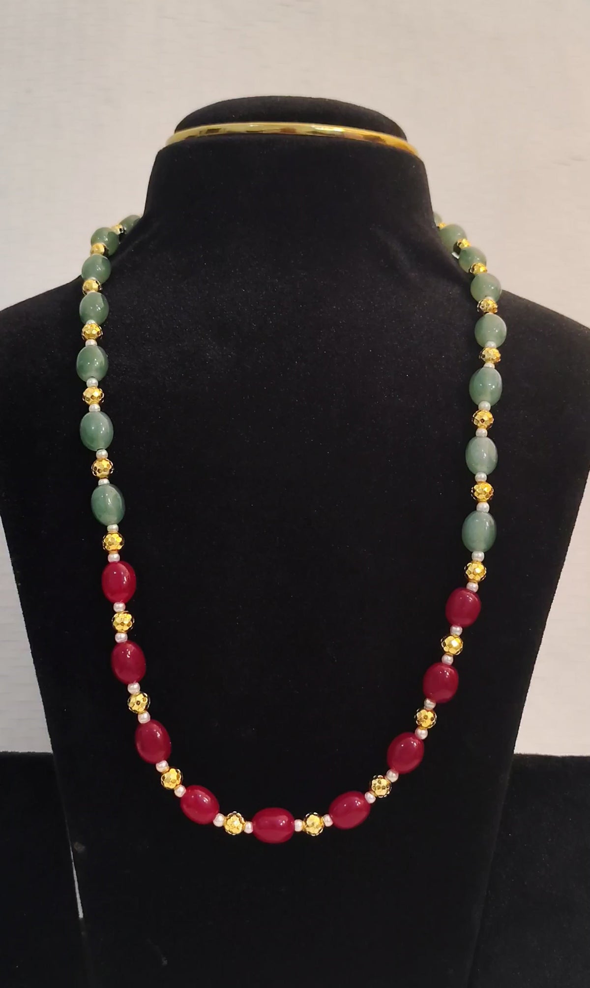 Red and Green Gemstone Beaded Mala with Gold Spacers - view 2