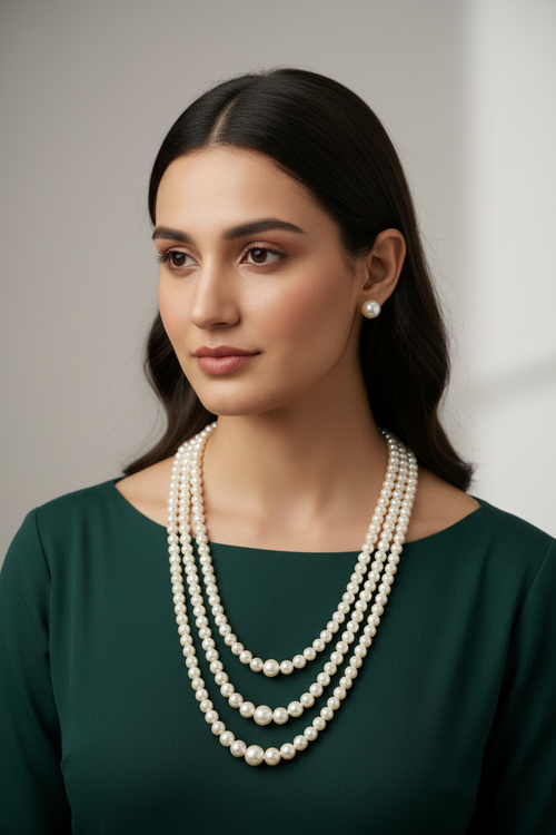 3 Strands Long White Pearl Necklace - view 2