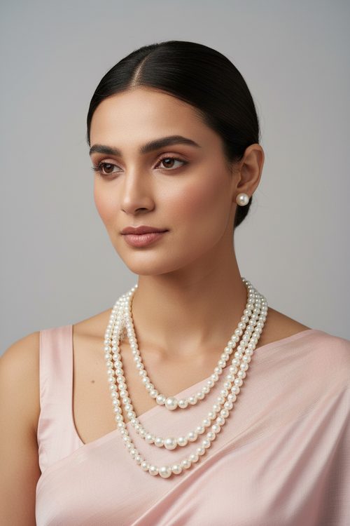 3 Strands Long White Pearl Necklace