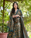 Aanya Printed Anarkali Dress Kurti Pant Set 3 PCS - Green - 3XL - VELZARA