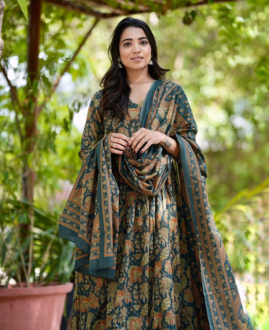Aanya Printed Anarkali Dress Kurti Pant Set 3 PCS - Green - 3XL - VELZARA