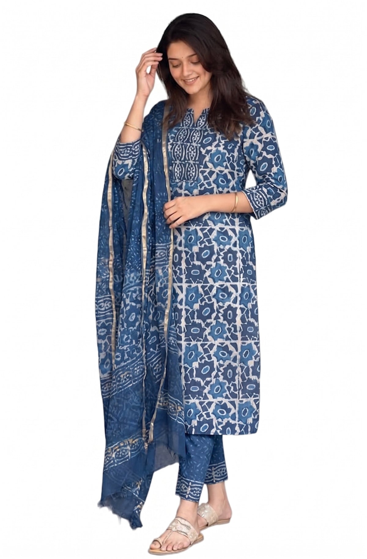 Anushri Viscose Ethnic Block Print Kurta Pant Dupatta Set - Blue - 3XL - VELZARA