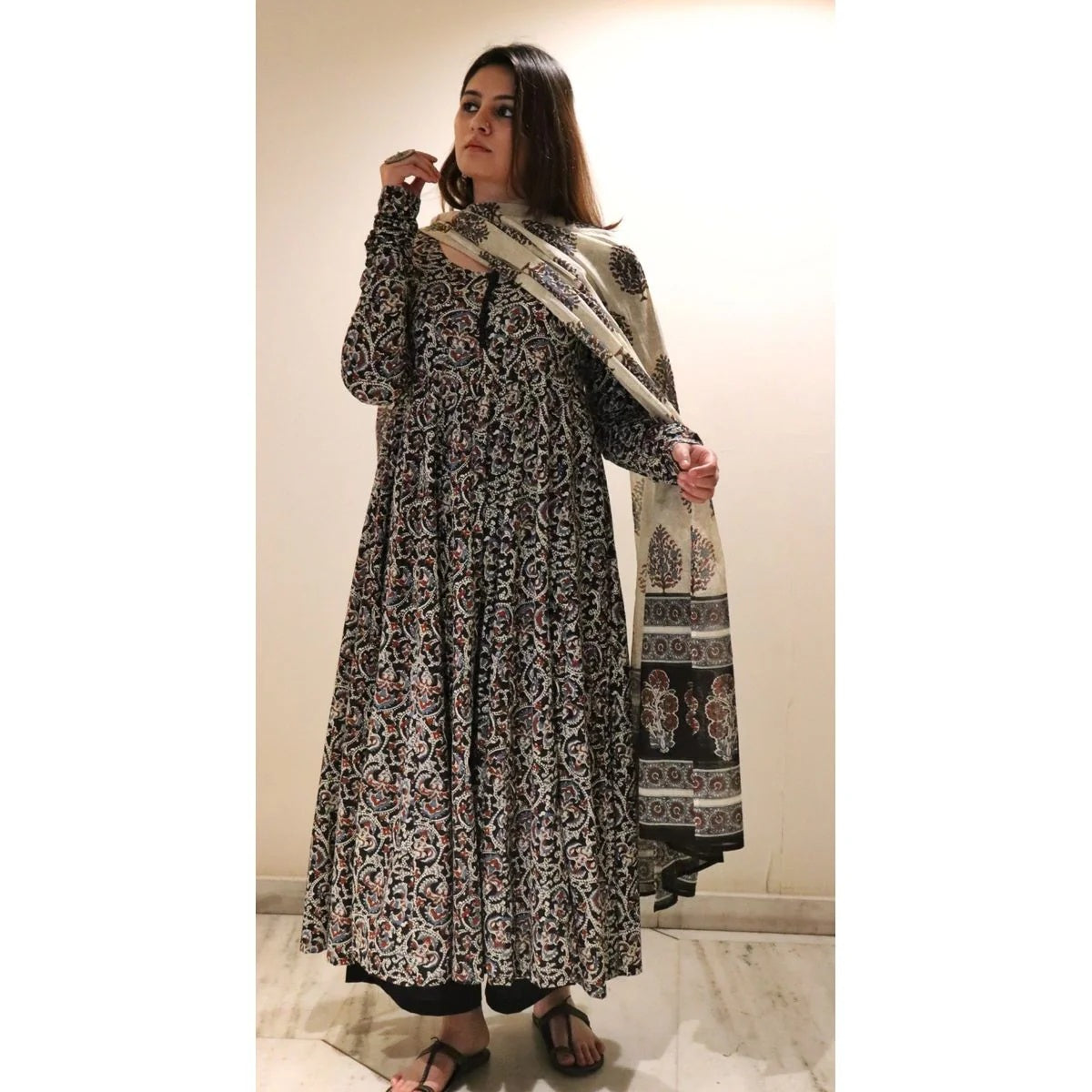 Coral Printed Anarkali Dress Kurti Pant Set 3 PCS - Black - 3XL - VELZARA