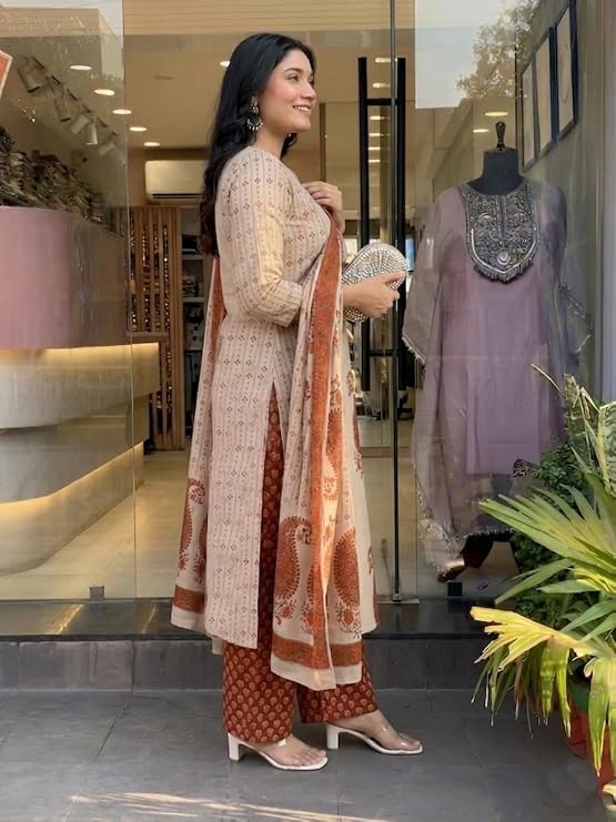 Sudiksha Pure Viscose Block Printed Kurta Set with Palazzo - Rust - 3XL - VELZARA