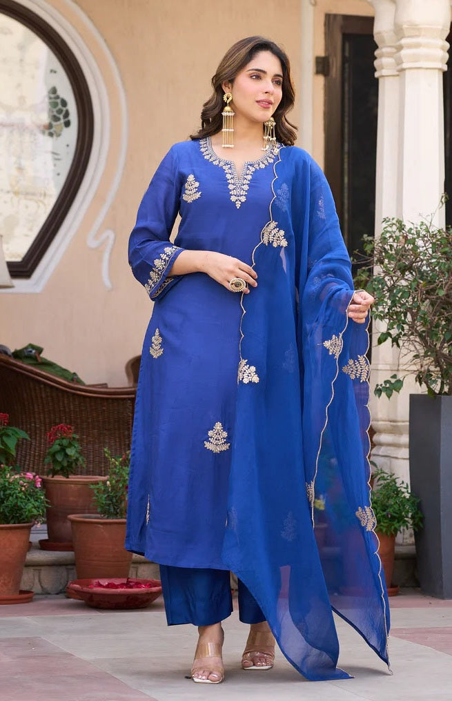 Misa Printed Anarkali Dress Kurti Pant Set 3 PCS - Blue - 3XL - VELZARA