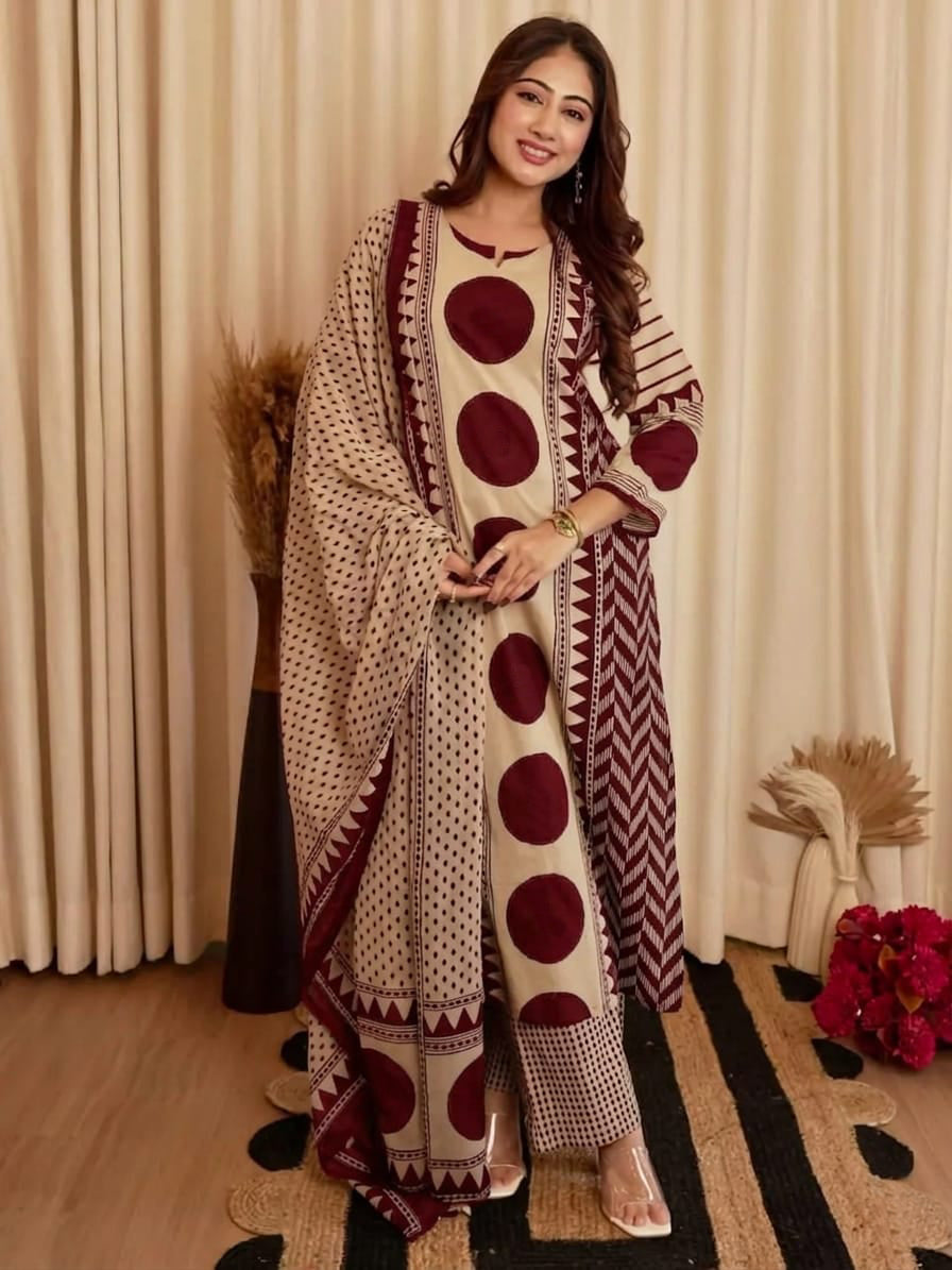 Dhurandhar Printed Straight Kurta Set with Dupatta and Pants - Beige & Maroon - 3XL - VELZARA
