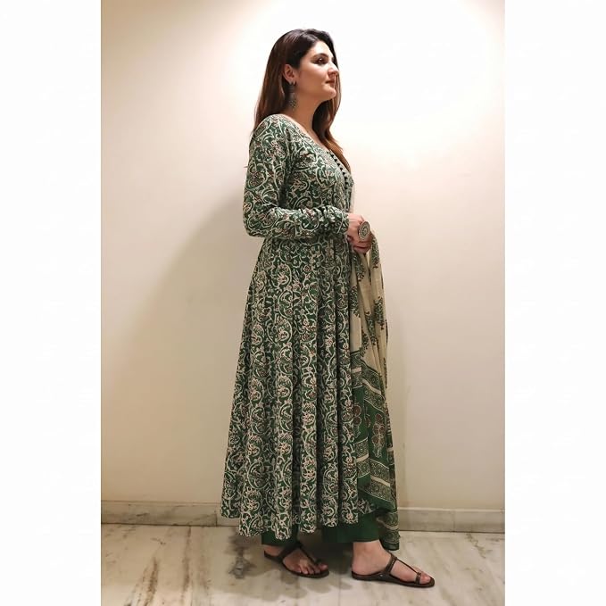Coral Printed Anarkali Dress Kurti Pant Set 3 PCS - Green - 3XL - VELZARA
