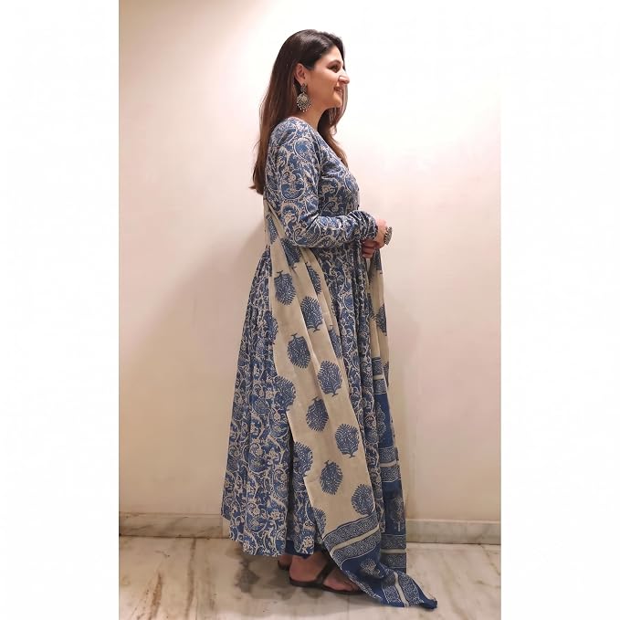 Coral Printed Anarkali Dress Kurti Pant Set 3 PCS - Blue - 3XL - VELZARA