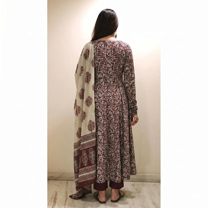 Coral Printed Anarkali Dress Kurti Pant Set 3 PCS - Maroon - 3XL - VELZARA