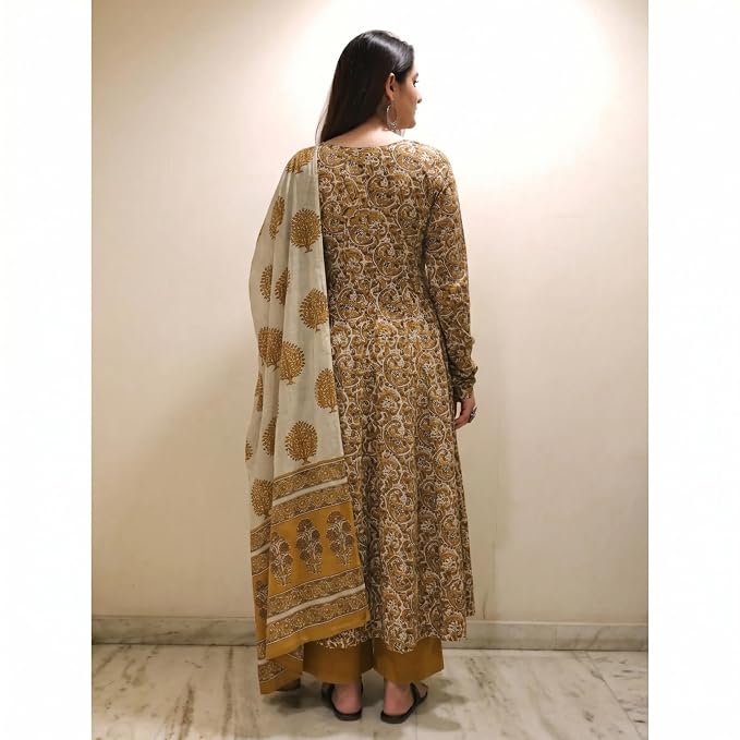 Coral Printed Anarkali Dress Kurti Pant Set 3 PCS - Yellow - 3XL - VELZARA
