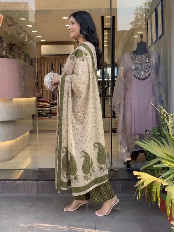 Sudiksha Pure Viscose Block Printed Kurta Set with Palazzo - Green - 3XL - VELZARA