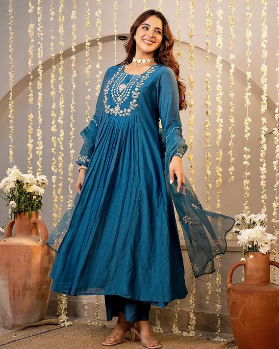Moli Printed Anarkali Dress Kurti Pant Set 3 PCS - Morepeach - 3XL - VELZARA