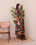 Jannat Printed Anarkali Dress Kurti Pant Set 3 PCS - Black - 3XL - VELZARA