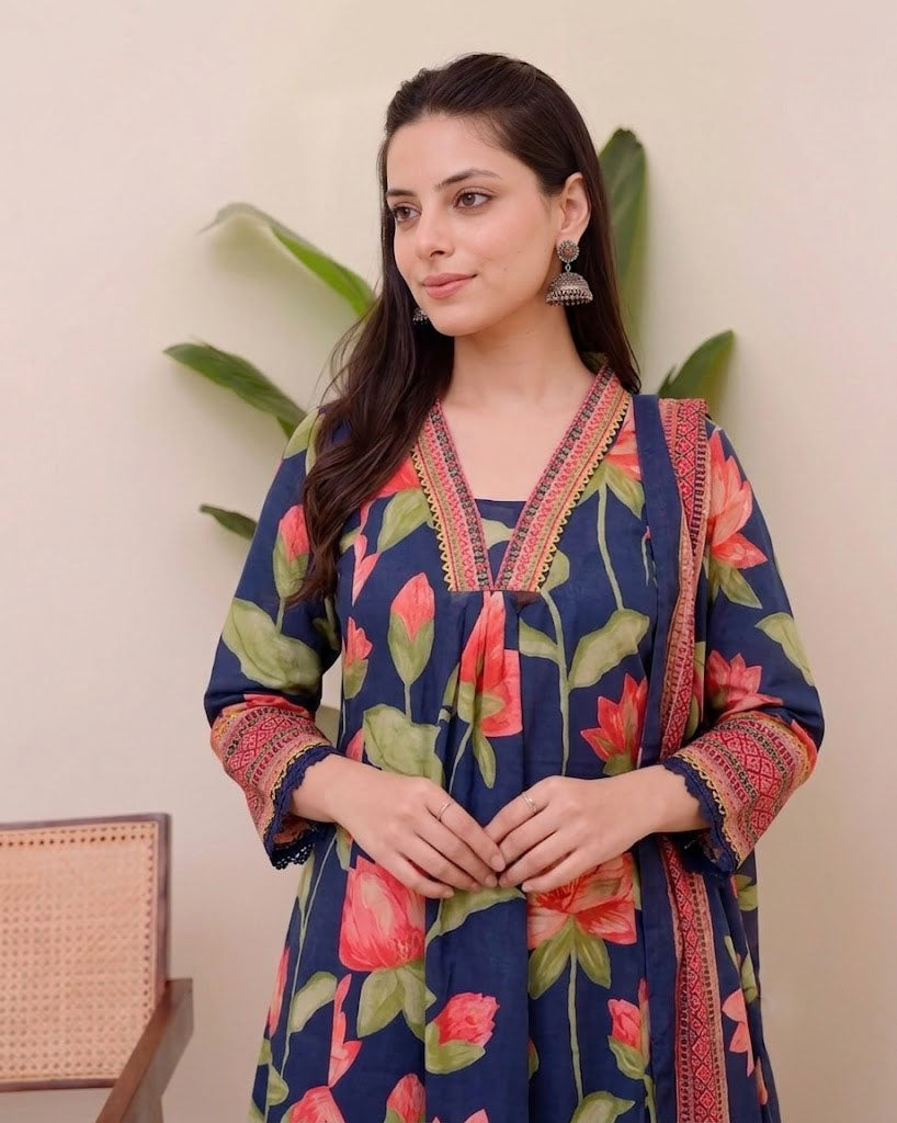 Jannat Printed Anarkali Dress Kurti Pant Set 3 PCS - Blue - 3XL - VELZARA
