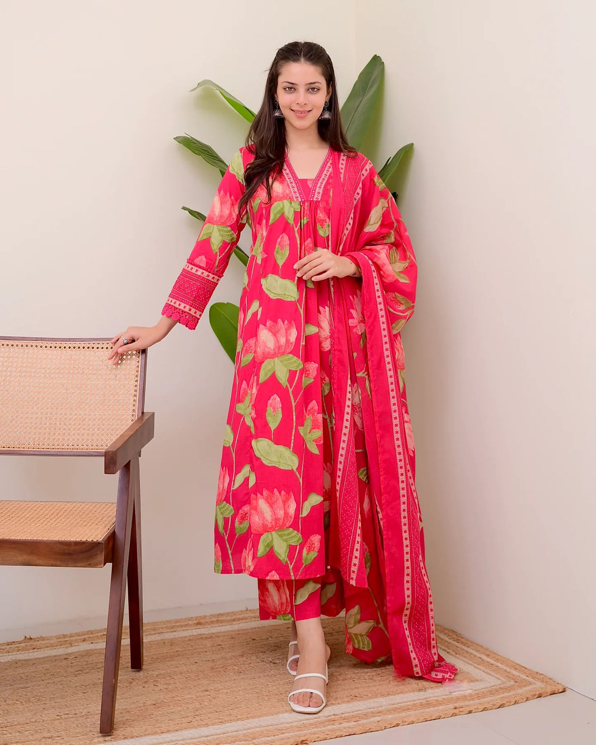Jannat Printed Anarkali Dress Kurti Pant Set 3 PCS - Pink - 3XL - VELZARA