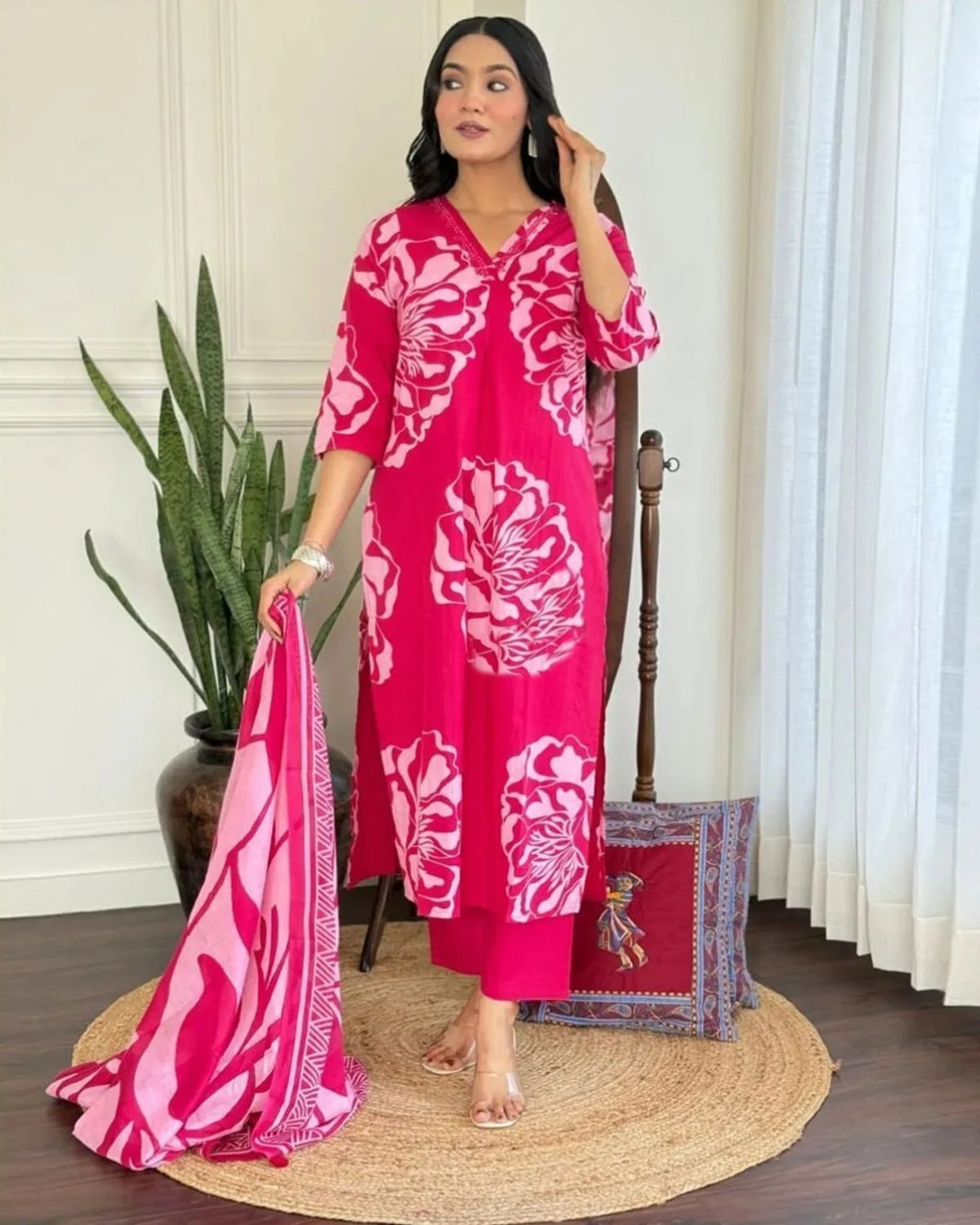 Parampara Printed Dress Kurti Pant Set 3 PCS - Pink - 3XL - VELZARA