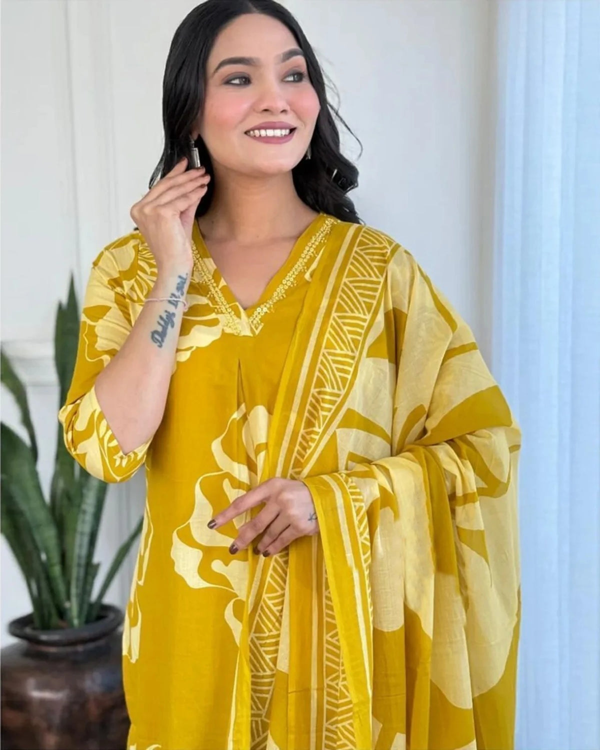 Parampara Printed Dress Kurti Pant Set 3 PCS - Yellow - 3XL - VELZARA