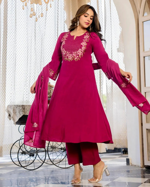Aravali Printed Anarkali Dress Kurti Pant Set 3 PCS - Pink - 3XL - VELZARA