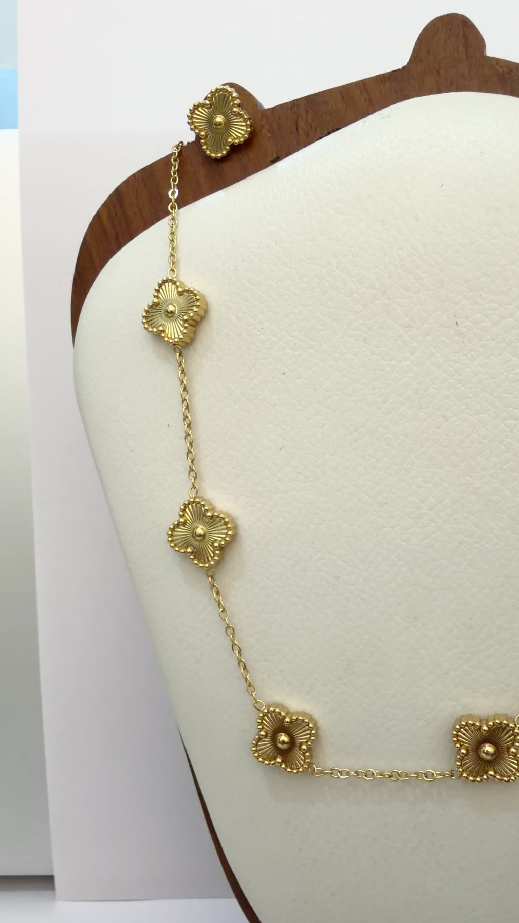Gold Clover Station Necklace With Matching Stud Earrings - view 2